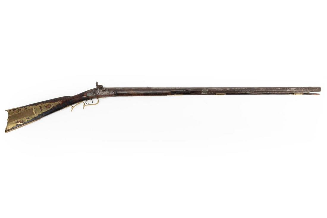 AMERICAN PERCUSSION KENTUCKY RIFLE, J. WHETSTONE: American antique percussion Kentucky Rifle, likely Maryland, late 18th / early 19th century, having an octagon barrel, tiger maple full-stock, engraved and pierced brass patchbox, double trigger, chee