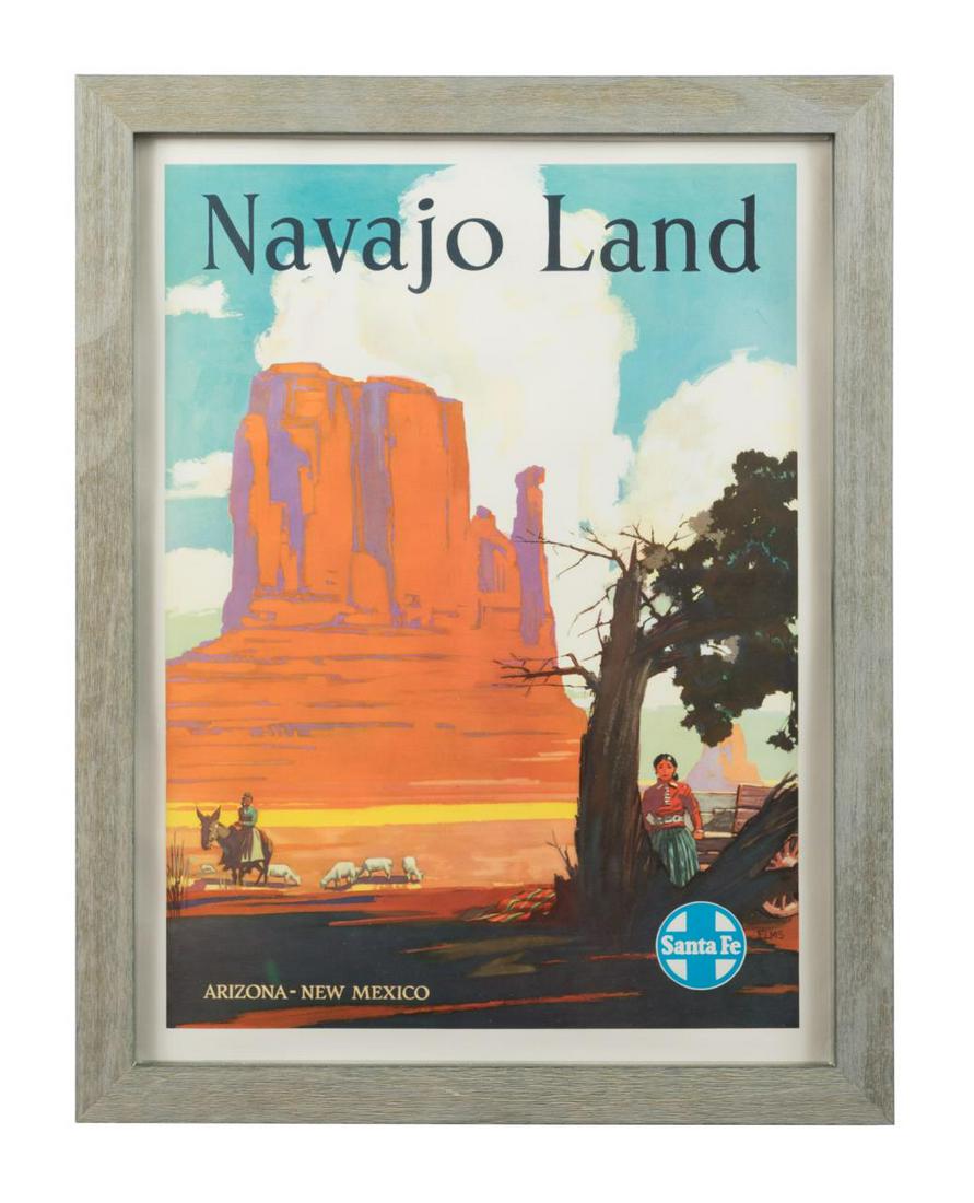 RAILROAD POSTER, "NAVAJO LAND", FRAMED, C. 1945: Atchison, Topeka, and Santa Fe Railroad (American 1859-1996), after the painting by William Frederick Elms (American 1900-1956), "Navajo Land/ Arizona-New Mexico", circa 1945, multicolored lithograph