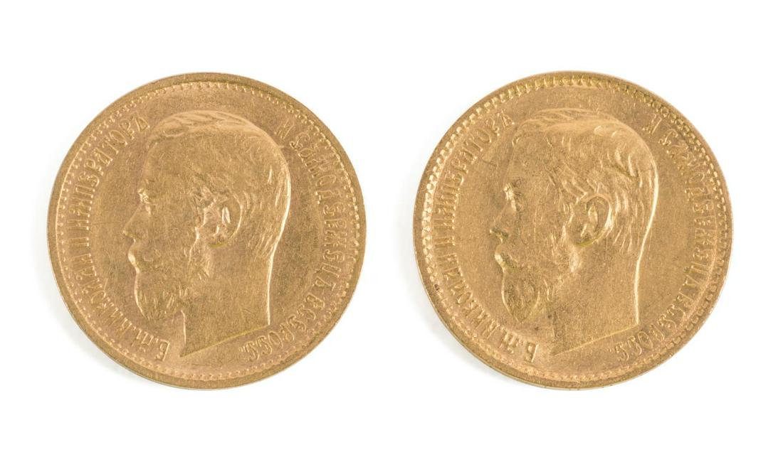 TWO RUSSIA 5 RUBLE GOLD NICHOLAS II COINS (1 of 3)