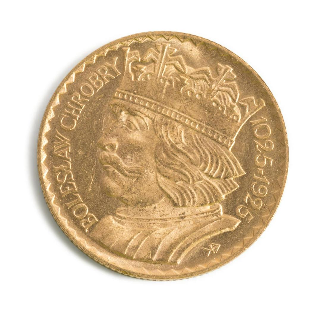 1925 POLAND 10 ZLOTYCH GOLD COIN: 1925 Poland 10 Zlotych Boleslaw Chrobry portrait gold coin, obverse: crowned head of Boleslaw, reverse: crowed eagle, created for the 900th Anniversary of Poland. dia. 19mm, total weight 3.22 Ahlers &