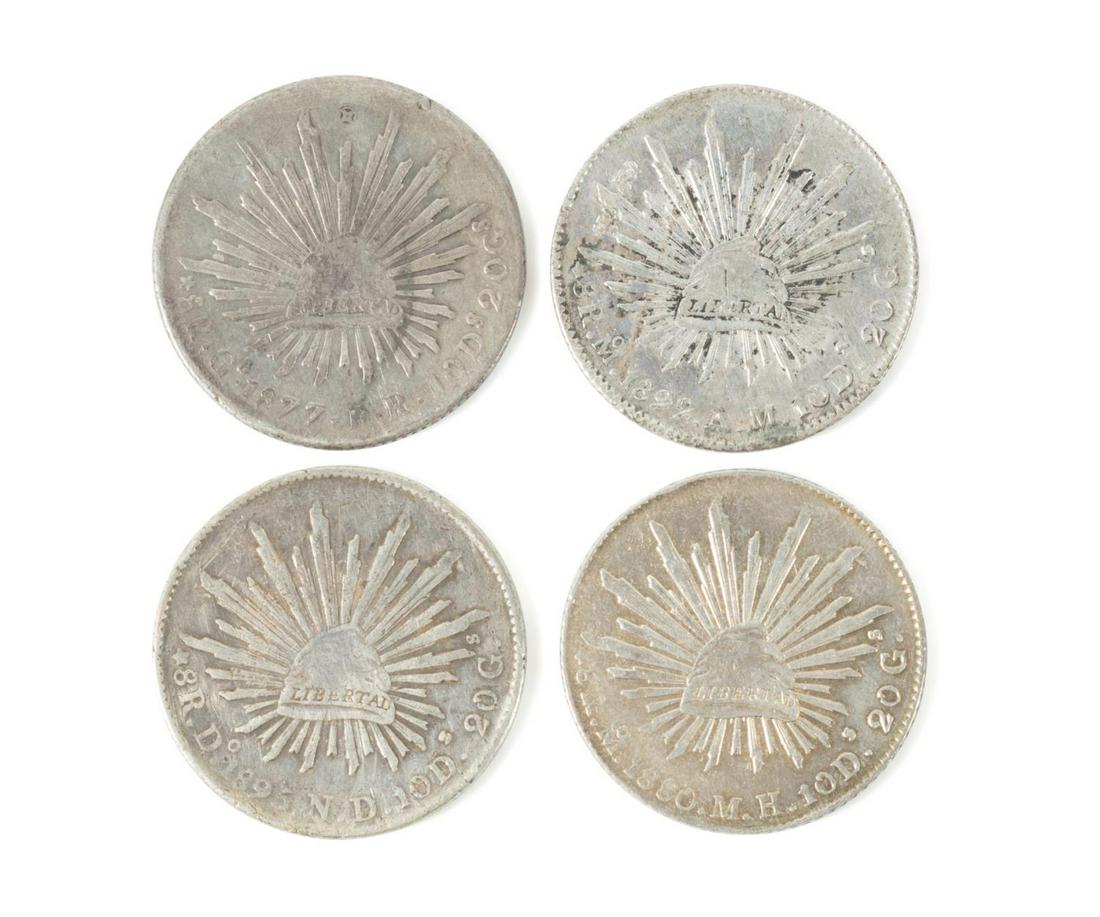 4 MEXICAN SILVER 8 REALES COINS, 1877-1895 (1 of 3)