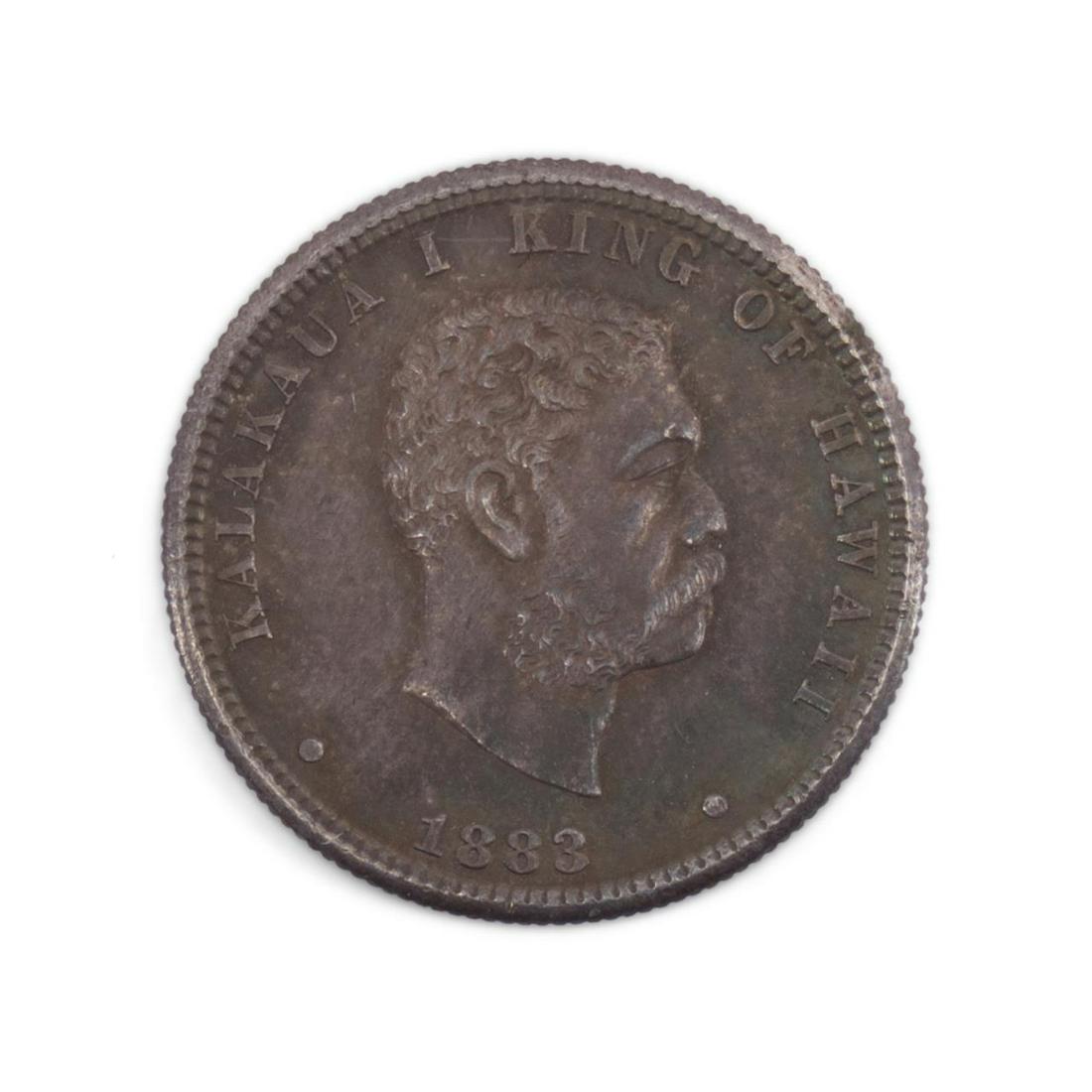 1883 HAWAII 25 CENT COIN, AU50: 1883 Hawaii quarter or 25 cent coin, ungraded AU-50. coin dia. 24mm. Approx. total weight 6.1g. Ahlers & Ogletree, Inc. accepts cash payment only for all sales in this auction (including US currency, 