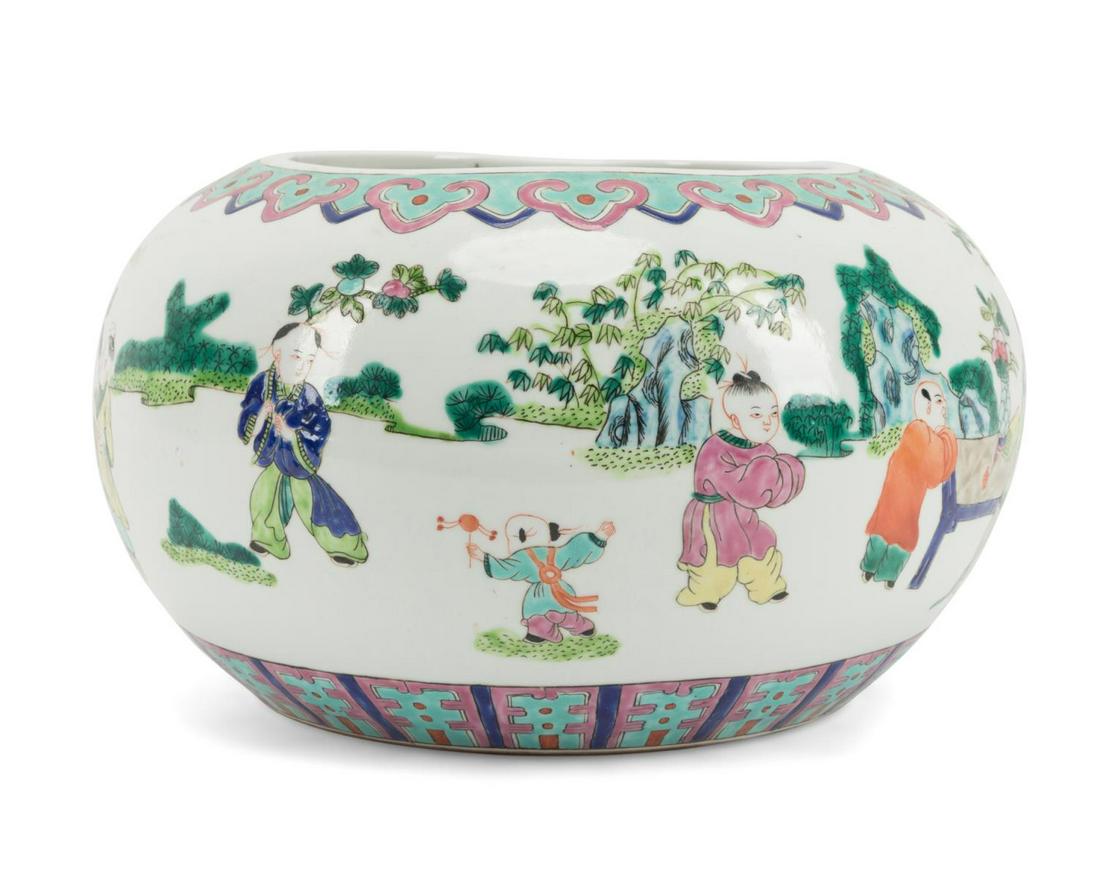 CHINESE FAMILLE ROSE 100 BOYS GLOBULAR VASE: Chinese Famille Rose 100 Boys globular vase, having a ruyi band at the rim, above a body decorated with a beauty seated at a table in a landscape surrounded by small boys and symbols of longevity, luc