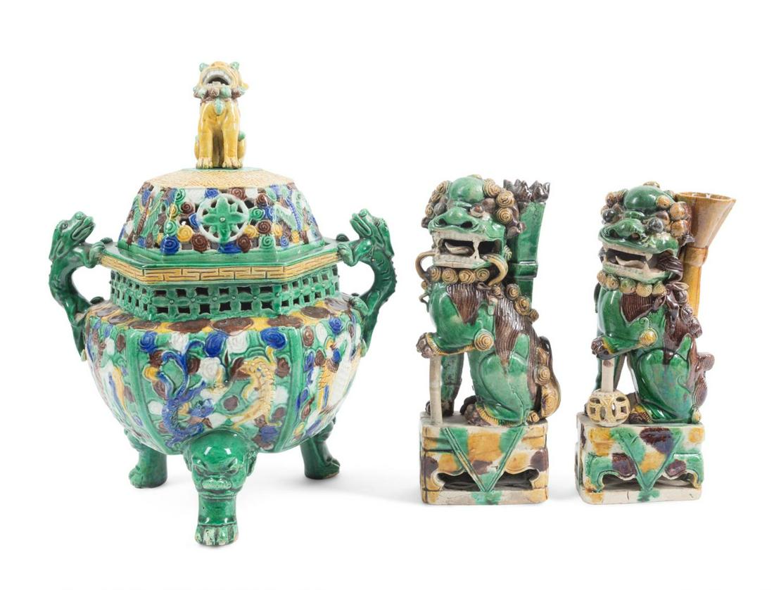 3PC CHINESE SANCAI LIDDED CENSER & VASES: Three pieces Chinese Sancai glaze earthenware, comprising a four color lidded censer, of octagonal paneled and pierced form, having a Fu lion finial and dragon handles, the body molded with auspicious