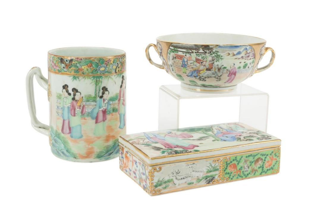 CHINESE EXPORT TANKARD, SOUP CUP, & COVERED BOX: Three piece collection of Chinese Export Famille Rose Mandarin pallet figural enamel decorated porcelain tableware, 18th and 19th century tableware comprising, a tankard with braided handle, a double 