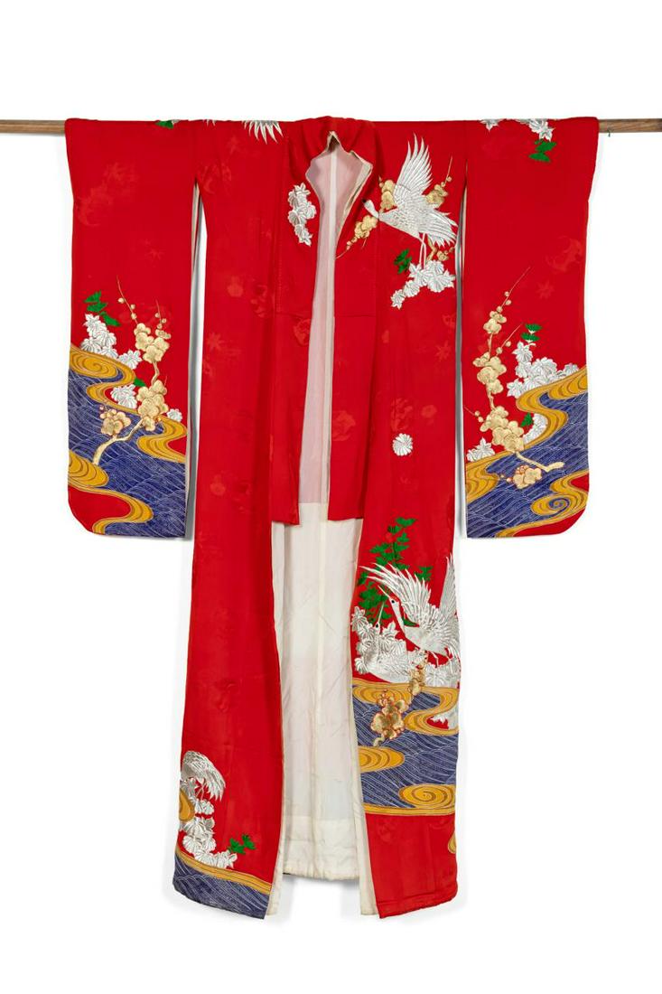 VINTAGE JAPANESE CEREMONIAL KIMONO W/ CRANES: Vintage Japanese ceremonial red silk kimono, having embroidered metallic white cranes (which symbolize a long, happy marriage), on a mostly red ground with painted bands of waves, ribbons, and auspici