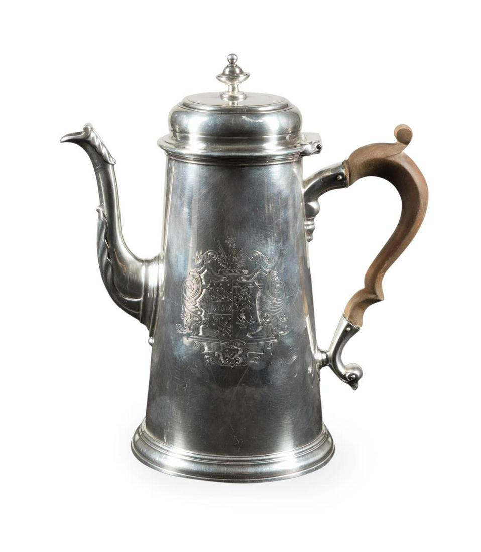 GEORGE III STERLING SILVER & WOOD COFFEE POT: George III sterling silver and wood coffee pot by John Foster II, 1798, of tankard form with straight sides, an armorial engraving to one side, a spout with foliate decoration, and a carved wooden han