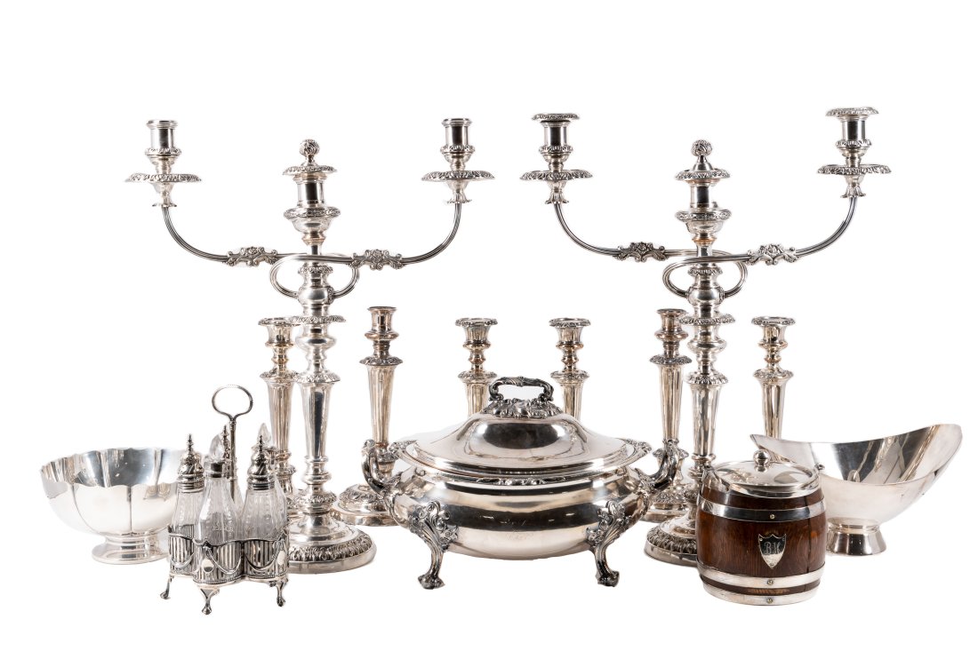 13PCS ASST. STERLING & SILVERPLATE TABLEWARE: Thirteen piece assortment of American and English sterling and plate tableware comprising, a George III monogrammed cruet set with five colorless cut glass bottles and marks of J. Hoyland and Co., She