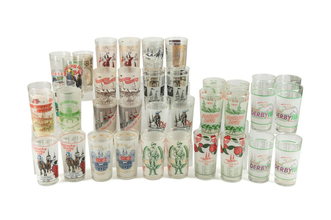 37PCS KENTUCKY DERBY OFFICIAL MINT JULEP GLASSES: Thirty-seven Kentucky Derby official mint julep glasses, dating from the 1950's to the 1990's including a 1951 example. Provenance: From the Private Collection of Lee Friedman, Atlanta, Georgia. Appro