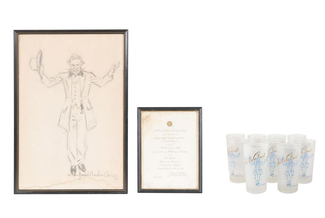 H. C. CHRISTY, ILLUSTRATION, INVITATION & 9 GLASSES: Howard Chandler Christy (American 1872-1952), eleven piece collection related to the Honorable Order of Kentucky Colonels comprising, a framed graphite illustration sketch depicting a gentleman in 19t