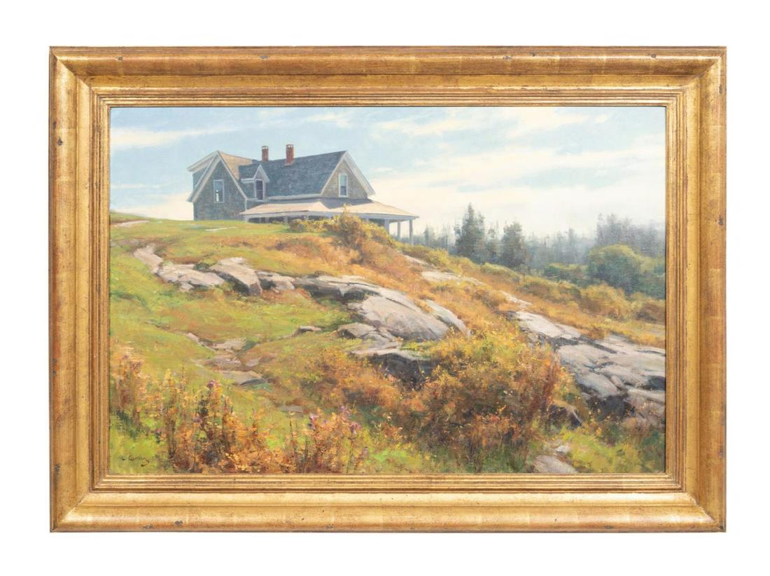 CLYDE ASPEVIG, "SEPTEMBER IN THE MONHEGAN, " O/C: Clyde Aspevig (American b. 1951), "September in Monhegan, " late 20th/early 21st century, oil on canvas depicting a landscape of a grassy and rocky ridge with a house at top left, signed at lower left