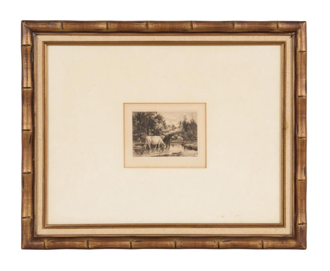 PETER MORAN, "ON THE NESCHIMONG RIVER" ETCHING: Peter Moran (American 1841-1914), "On the Neschimong River" or "Cows on the River", etching on paper, apparently unsigned, framed. Approximate dimensions: plate h. 3. 375", w. 5. 125"; frame h. 17. 25