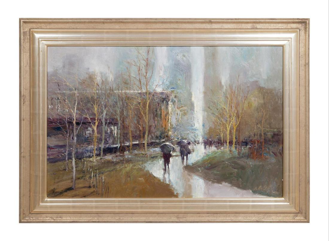 DAN MCCAW, "THE PATH, " IMPRESSIONIST OIL ON BOARD: Dan McCaw (American b. 1942), "The Path" late 20th-early 21st century, oil on board depicting an Impressionist scene of two figures walking down a wooded path, signed at lower right, titled and galler