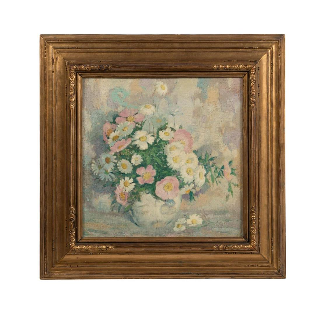 CARL LAWLESS, FLORAL STILL LIFE, O/C: Carl Lawless (American 1894-1964), "Floral Still Life" early 20th century, oil on canvas depicting a composition of flowers in a vase, signed faintly at lower left, gallery label from Vixseboxse Art G