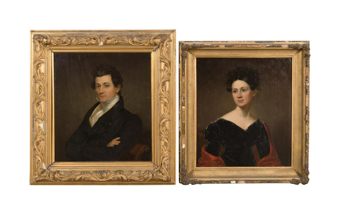 TWO BASS OTIS, OIL PORTRAITS OF A HUSBAND & WIFE: Two likely Bass Otis (American 1784-4861), untitled, circa 1825, oil on wooden panel, bust length portraits of a husband and wife in the manner of Thomas Sully (British/American 1783-1872), the portra