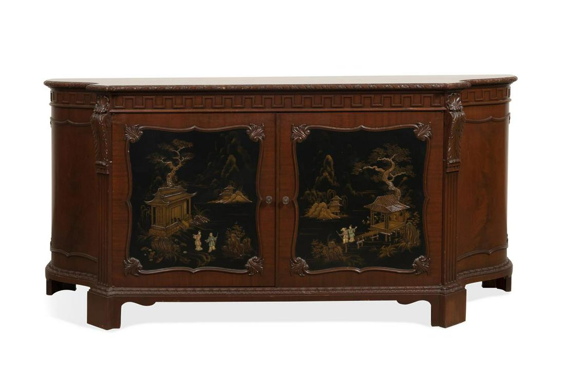 THEODORE BAILEY & CO. MAHOGANY CHINOISERIE BUFFET: Theodore Bailey & Co. (Cuban 19th/20th century), mahogany buffet in the Georgian taste, having an overhanging top, meandering frieze above double doors with inset figural chinoiserie panels, flanked b