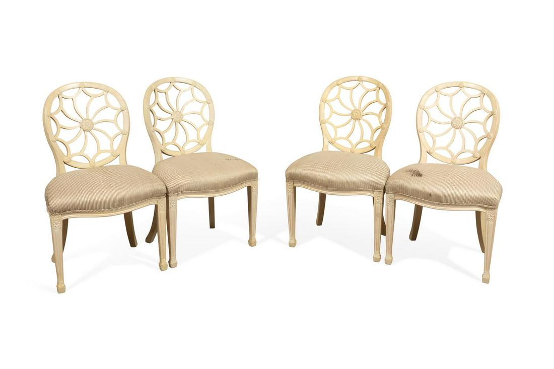 FOUR HEPPLEWHITE STYLE PICKLED SIDE CHAIRS: Set of four. Robert Scott & Associates, Inc. (American 1972), pickled wooden side chairs in the Hepplewhite taste, each having an oval spider back, and rising on front tapered legs with spade feet, la