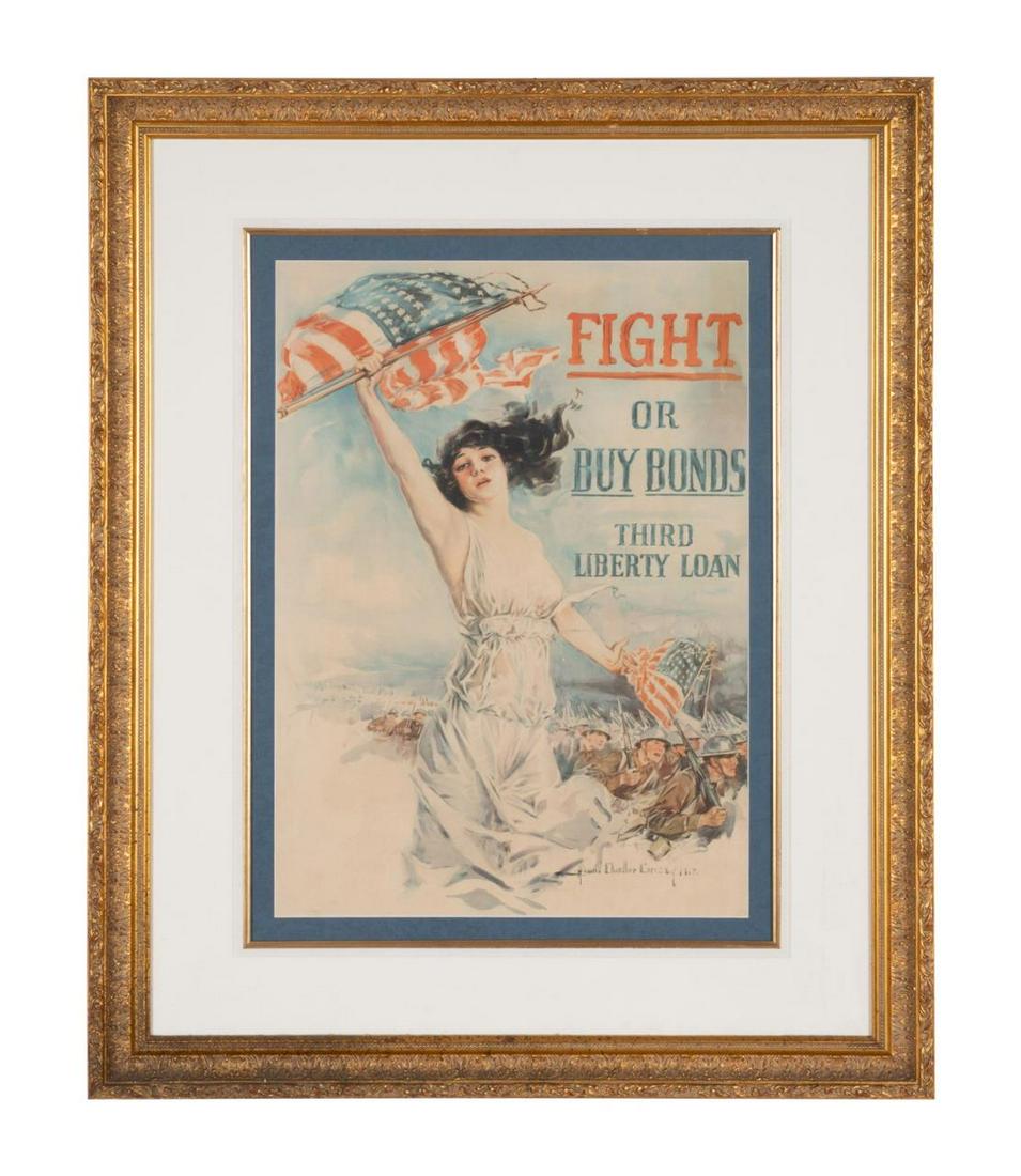 WWI "FIGHT OR BUY BONDS" OFFSET LITHOGRAPH, FRAMED: After Howard Chandler Christy (American 1873-1952), "Fight or Buy Bonds: Third Liberty Loans", circa 1917, offset lithograph poster on paper depicting a female holding an American flag with WWI soldie