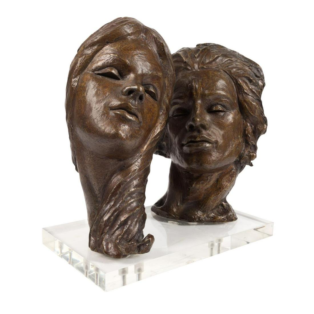 VICTOR SALMONES, BRONZE DOUBLE BUST, UNTITLED: Victor Salmones (Mexican 1937-1989), bronze, double bust, untitled, modeled as a woman and a man both with closed eyes and long flowing hair, signed and editioned 3/10 on right side of male bust, the