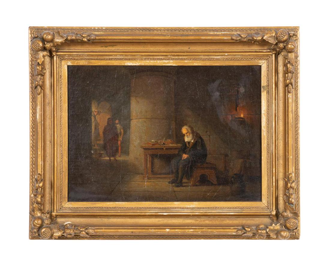 JOHN CARLIN, "GALILEO IN PRISON" 1867 OIL: John Carlin (American 1813-1891), "Galileo in Prison", 1867, oil on canvas board depicting Galileo Galilei seated in front of a table with books and a crucifix, located in a stone chamber with shadowe