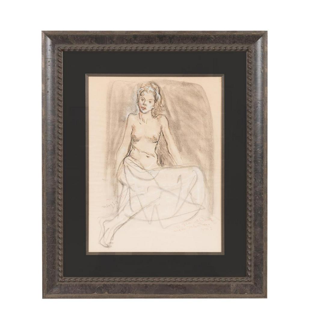MOSES SOYER "FEMALE STUDY" FRAMED FIGURAL DRAWING: Moses Soyer (American 1899-1947), "Female Study" pastel and mixed media on paper depicting a seated nude female, signed to lower left and inscribed to lower right, framed. Approximate dimensions: sigh