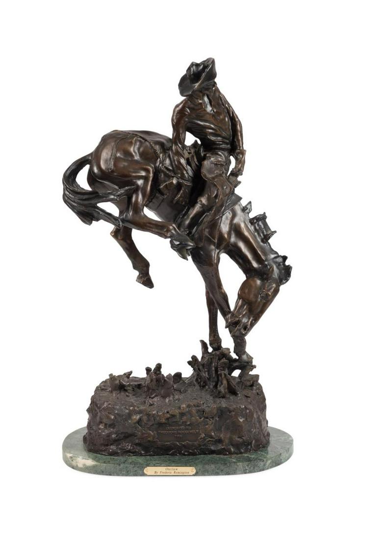 AFTER FREDERIC REMINGTON, "OUTLAW", BRONZE ON BASE: After Frederic Sackrider Remington (American 1861-1909), "Outlaw", patinated cast bronze, Western sculpture depicting a cowboy on a bucking horse, signed in mold with "Dedicated To/Theodore Roosevelt/
