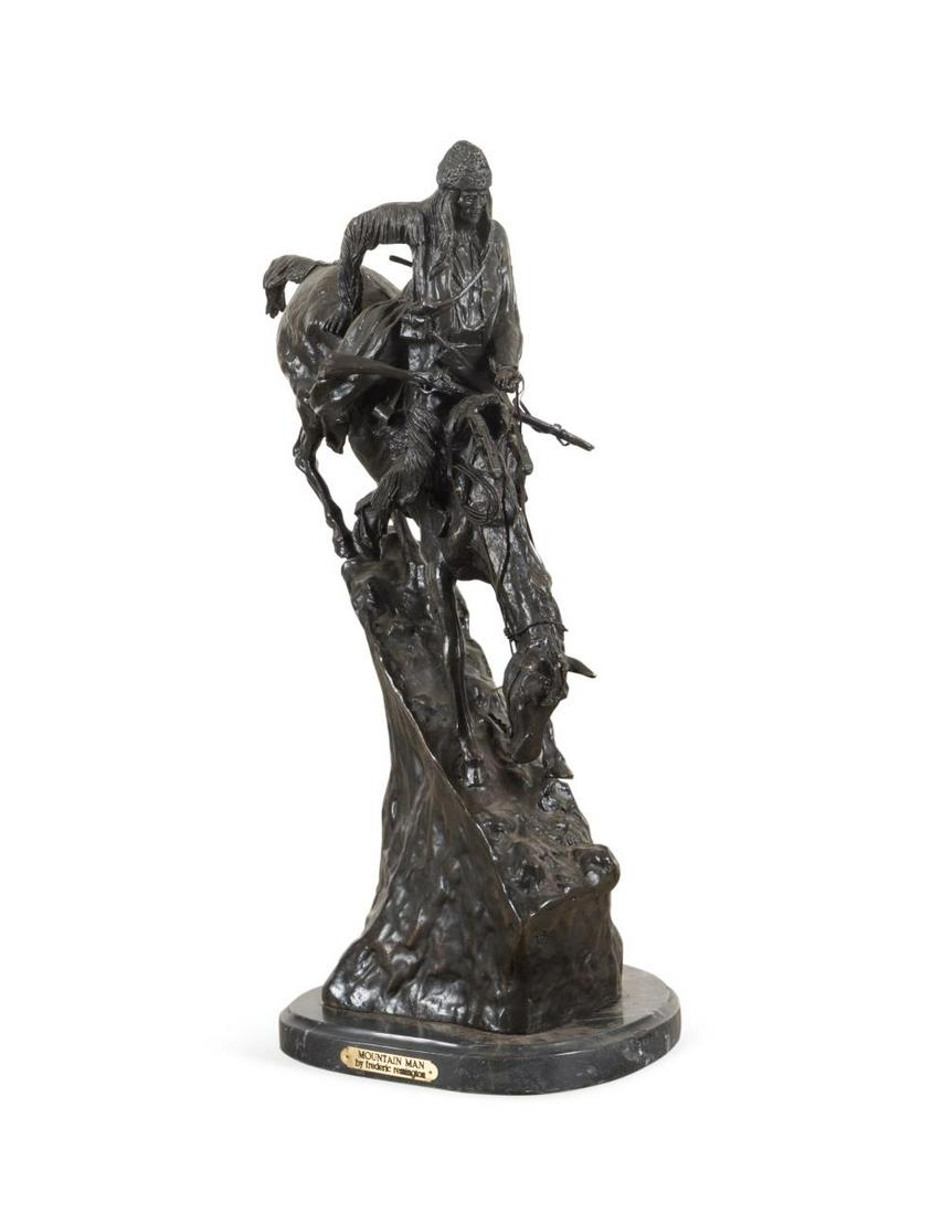 AFTER F. REMINGTON, "THE MOUNTAIN MAN" BRONZE: After Frederic Remington (American 1861-1909), "The Mountain Man, " original 1903, patinated and parcel gilt bronze, depicting a buckskin clad trapper descending a steep mountain slope on his horse, m