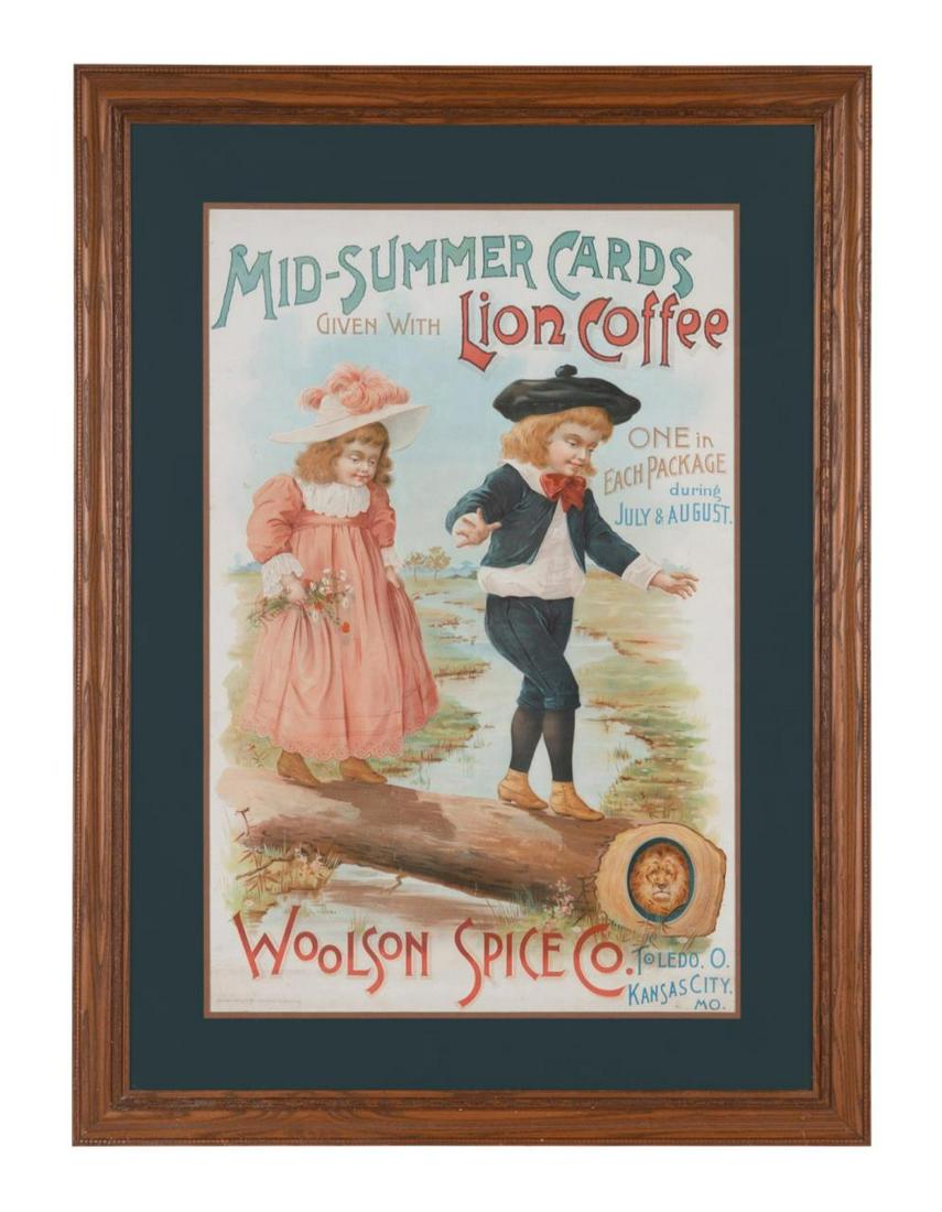 WOOLSON SPICE CO. & LION COFFEE ADVERTISING POSTER: Woolson Spice Co. and Lion Coffee, Toledo Ohio and Kansas City, Missouri, advertisement, originally printed 1893, offset color lithograph on paper depicting two children balancing on a log, framed. Ap