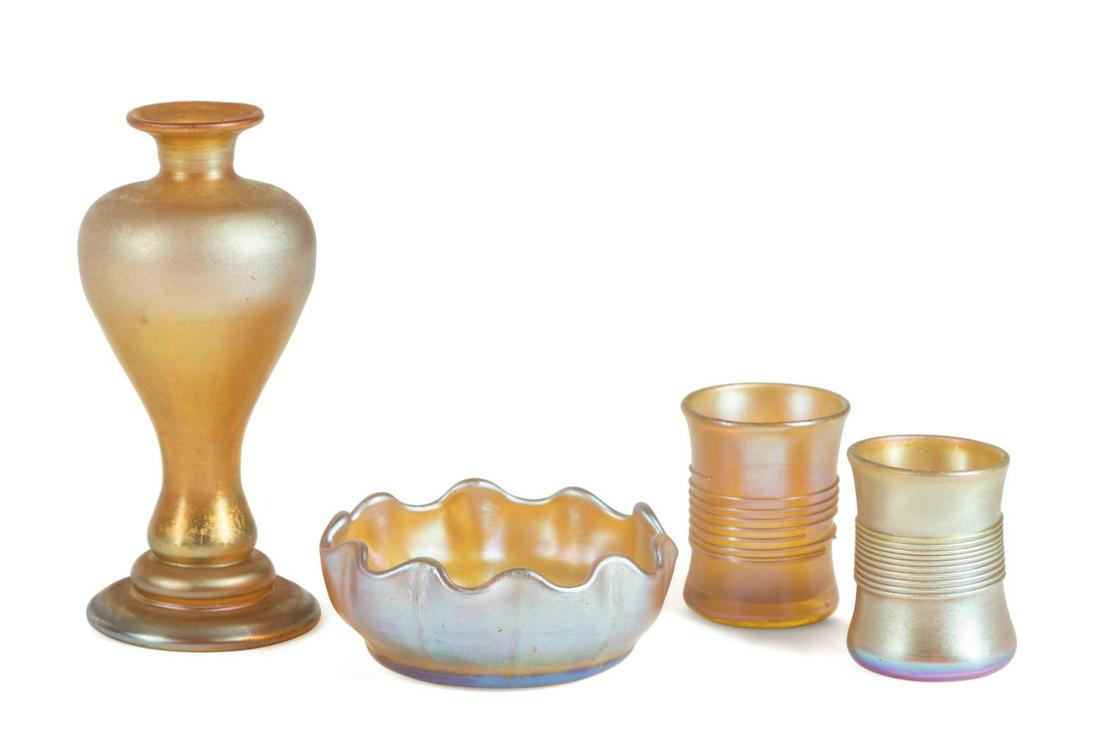 FOUR TIFFANY STUDIOS FAVRILE GLASS TABLE ARTICLES: Selection of four Louis Comfort Tiffany (American 1848-1933), Tiffany Studios Favrile glass table articles, late 19th to early 20th century, comprising, a tapering vase ("1870 P L. C. Tiffany Favrile"
