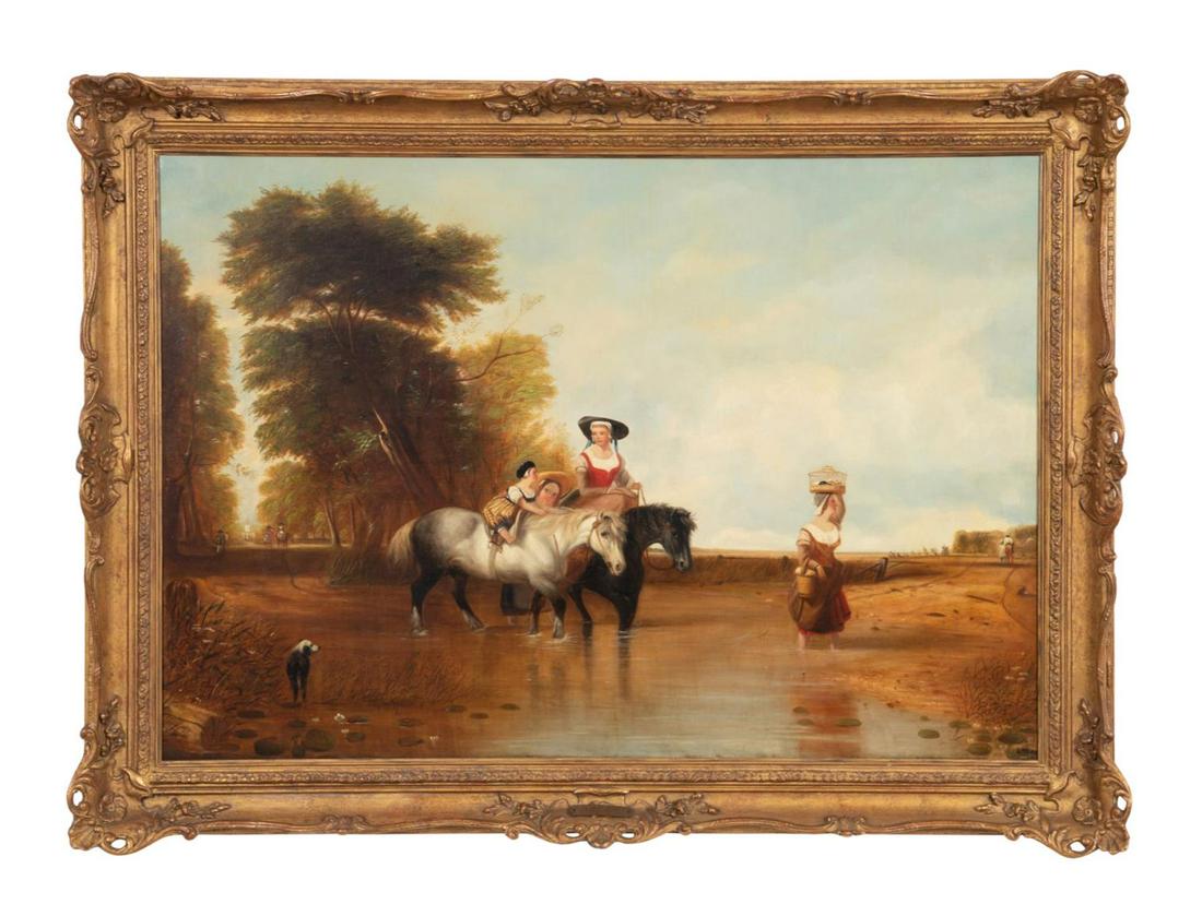 STYLE OF A. W. CALLCOTT "RETURNING FROM MARKET" O/C: Style of Sir Augustus Wall Callcott (English 1779-1844), "Returning from Market" late 19th or early 20th century, oil on canvas depicting several females crossing a stream, two on horses and one balan