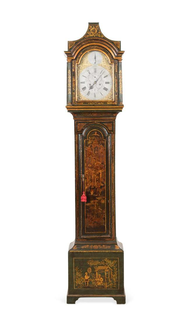 GEORGE III GREEN GILT CHINOISERIE TALL CASE CLOCK: English George III John Walker (English c. 1754-1773), green Japanned tall case clock, having gilt figural chinoiserie decoration, downswept hood, silvered dial with strike/silent dial flanked by scro