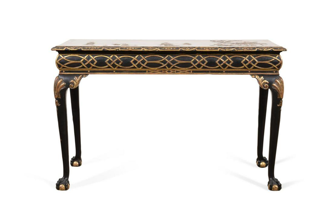 GEORGE III STYLE PARCEL GILT CHINOISERIE CONSOLE: English black Japanned parcel gilt chinoiserie console or side table in the George III Chippendale taste, having a figural landscape decorated top, blind fretwork frieze, and rising on shell decorated