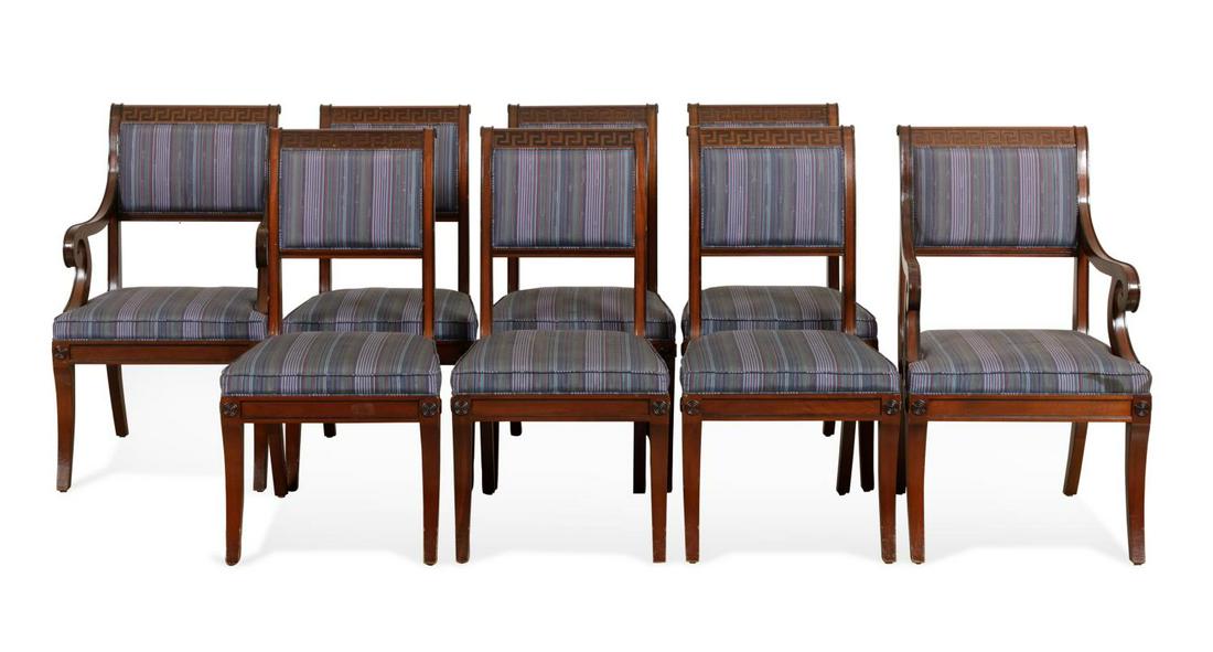 EIGHT BAKER REGENCY STYLE MAHOGANY DINING CHAIRS: Baker (American) Regency style mahogany dining chairs, having Greek key motif crest rails, striped upholstery, and rising on square tapered legs. Approximate dimensions: h. 38", w. 22. 25", d. 20. 25"