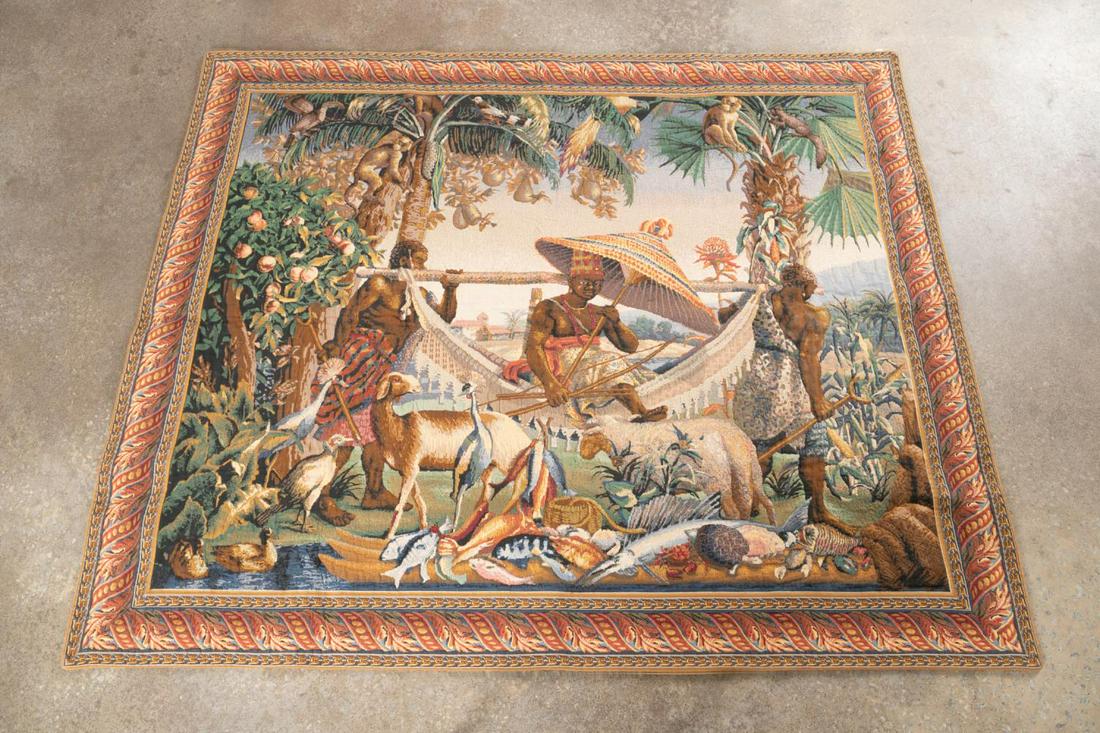 BELGIAN "ISLAND PARADISE" TROPICAL MOTIF TAPESTRY: Wara Intercontinental Co. (American 1958) "Island Paradise", Belgian machine woven tapestry depicting a flowering tropical landscape populated with multiple figures and animals, rod pocket to the reve