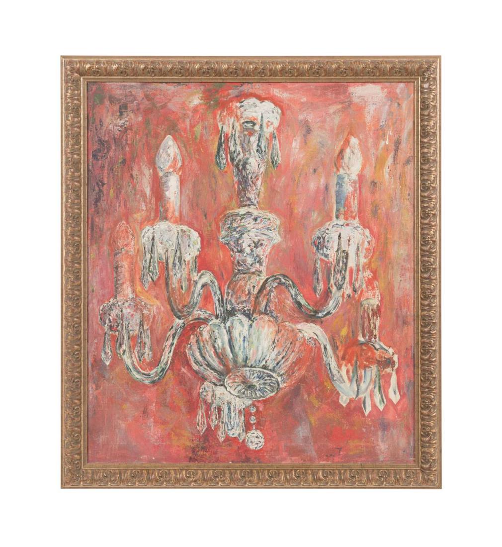 AMERICAN SCHOOL "CHANDELIER" OIL ON CANVAS: American School "Chandelier," second half 20th century, oil on canvas depicting a crystal chandelier against a reddish background, signed "Miller" en verso, framed. Approximate dimensions: canvas h. 2