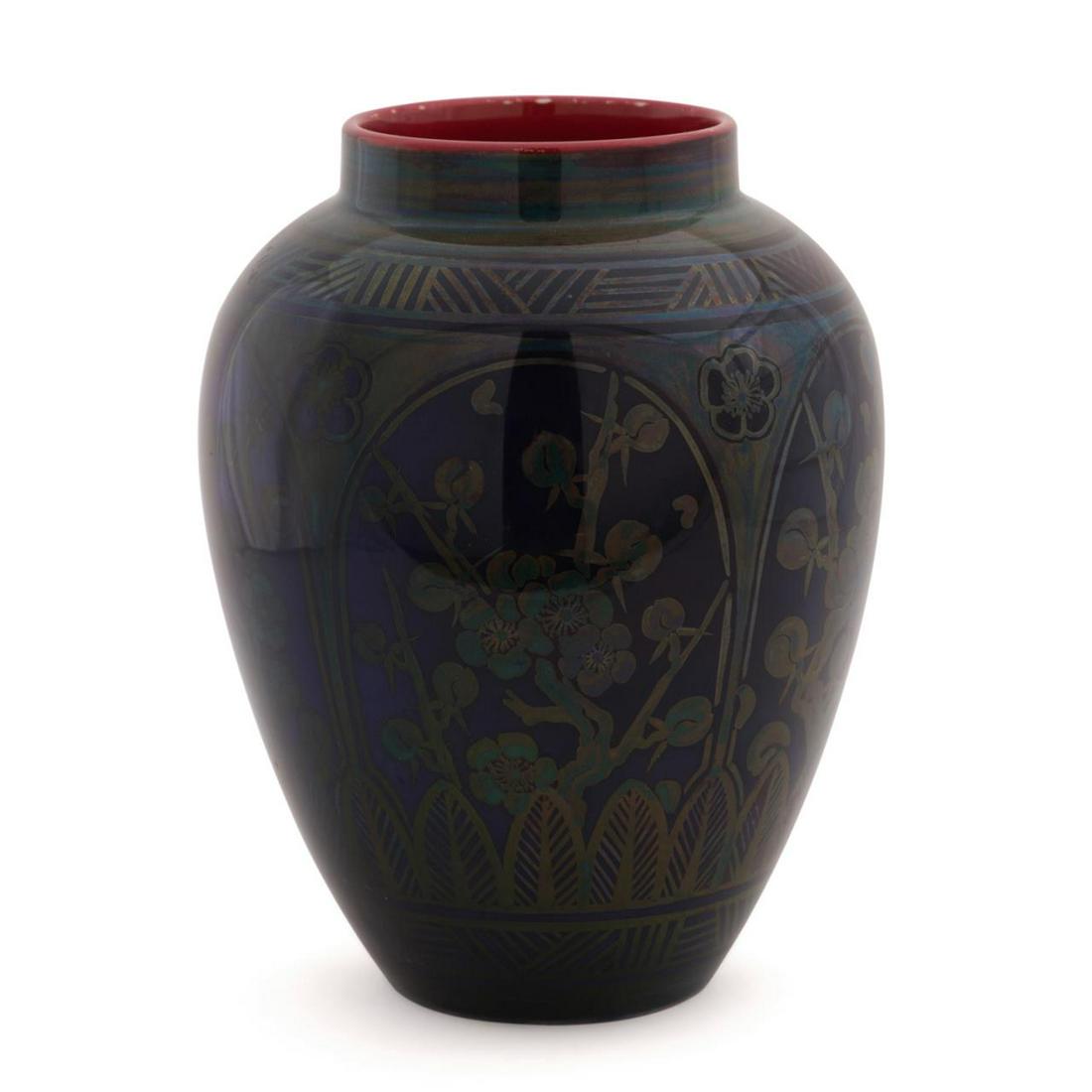 BERNARD MOORE FLAMBE PRUNUS VASE, CA 1910: Hilda Carter for Bernard Moore blue and yellow Chinese inspired flambe vase, circa 1910, of tapering ovoid form with a short cylinder neck, decorated with arched panels containing prunus blossoms and 