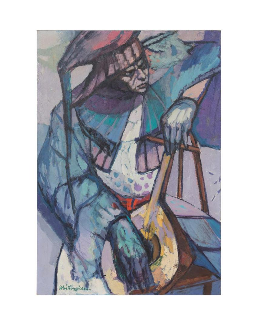 BONNIE WHITTINGHAM "MUSICAL HARLEQUIN" 1963 O/C: Bonnie Whittingham (American 1921-1997), "Musical Harlequin", 1963, oil on canvas depicting a colorful figure playing a lute, signed to lower left, signed, dated, and inscribed en verso, unframed. App