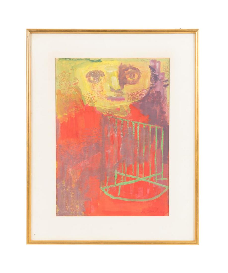 MARC STERLING "BABY BOY" FIGURAL ABSTRACT O/P: Marc Sterling (French / Ukrainian, 1895 -1976). "Baby Boy", abstract oil on paper painting depicting a young boy attempting to get out of his crib, signed to lower right "M. Sterling", framed. Approxi