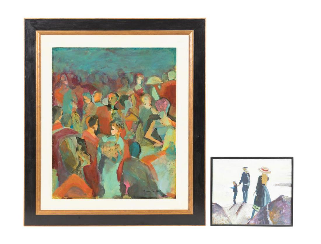 TWO O/B WITH FIGURES, MORETZ BRITT & GRUSHOVENKO: Two oil paintings with figures comprising Elizabeth Moretz-Britt (American / Georgia, 20th / 21st century) "Crowded" oil on board, signed to lower right, framed; Signe & Genna Grushovenko (American / 