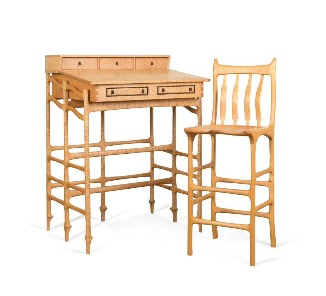 JOHN WESLEY WILLIAMS MAPLE STANDING DESK & CHAIR: John Wesley Williams (American / West Virginia 20th / 21st century), studio furniture bird's-eye maple standing desk and chair having a flip top writing surface, exposed dove tails, and sculptural bas