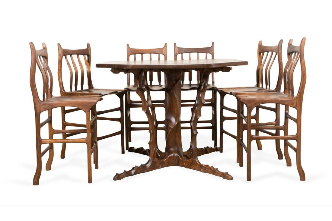 7PCS JOHN W. WILLIAMS BUBINGA HIGH TABLE & CHAIRS: John Wesley Williams (American / West Virginia 20th / 21st century), studio furniture bubinga bar height dining table and six chairs, the table has an octagonal surface with sculptural legs and a shel