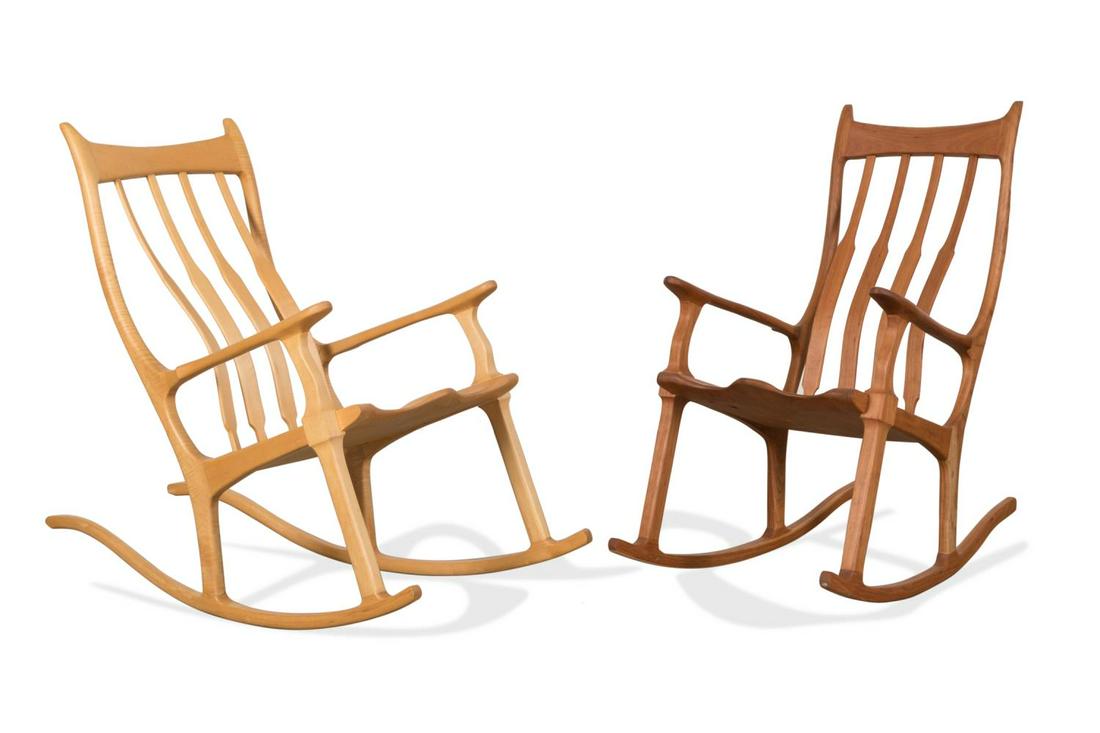 2 JOHN WESLEY WILLIAMS STUDIO ROCKING CHAIRS: John Wesley Williams (American / West Virginia 20th / 21st century). Two American Studio Furniture rocking chairs in maple and walnut, apparently unsigned. Provenance: From the Estate of a North Carol