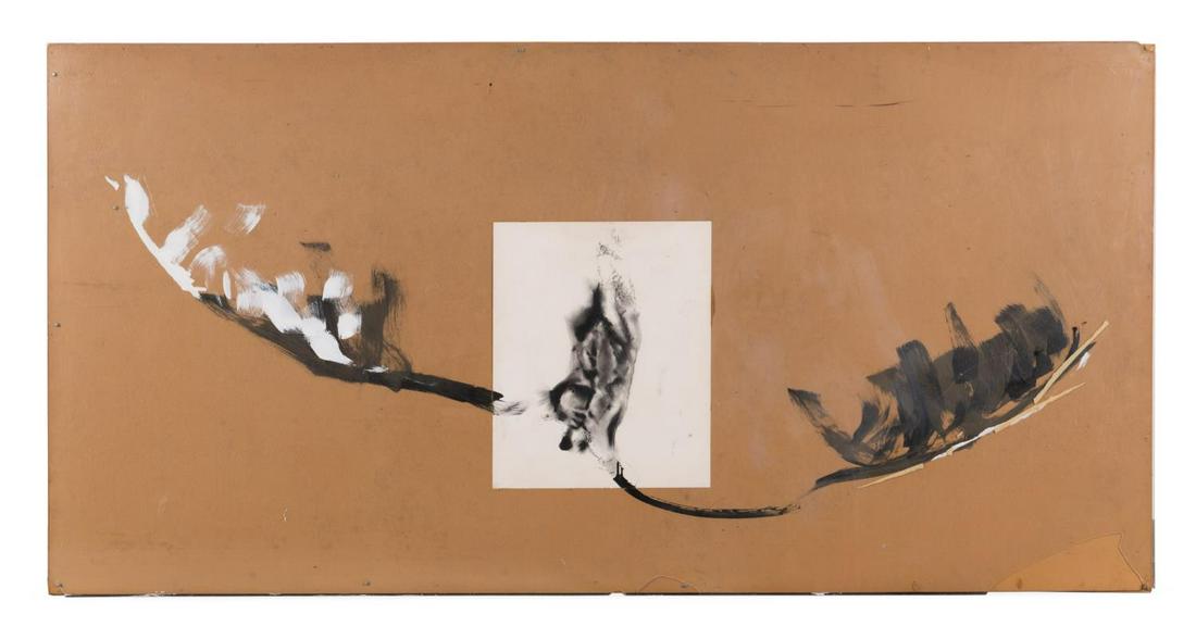 TODD MURPHY "UNTITLED", FIGURAL MIXED MEDIA: Todd Murphy (American 1962-2020) "Untitled", undated, mixed media depicting a black and white nude male torso having outstretched arms turning into wings, signed to lower right, framed. Approximate di