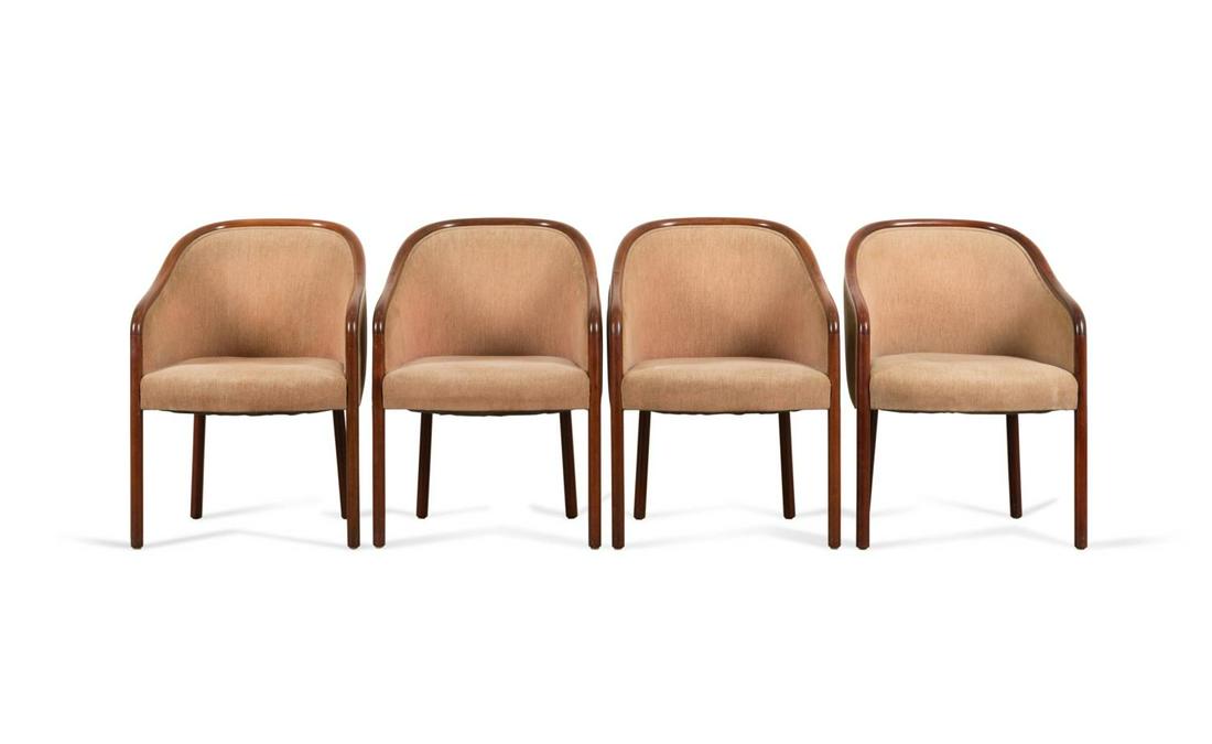 FOUR WARD BENNETT UPHOLSTERED TUB CHAIRS: Four Ward Bennett Design for Brickel Associates Inc. mahogany and upholstered tub chairs, late 20th century, having barrel back, light tan fabric, and rising on square legs, label to underside. Approx