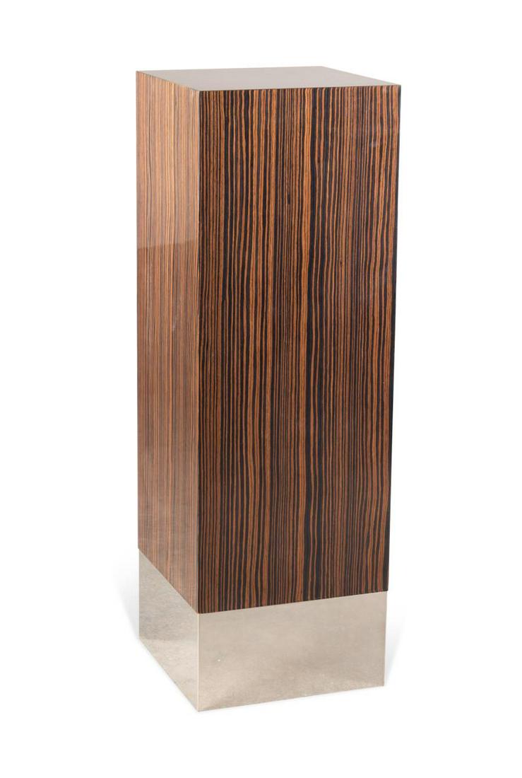 MANNER OF MILO BAUGHMAN, ZEBRAWOOD PEDESTAL: Manner of Milo Baughman for Thayer Coggin modern zebrawood veneered square form pedestal, having a satin silver metal banded base, apparently unmarked. Approximate dimensions: h. 47.5", sq. 15.75".