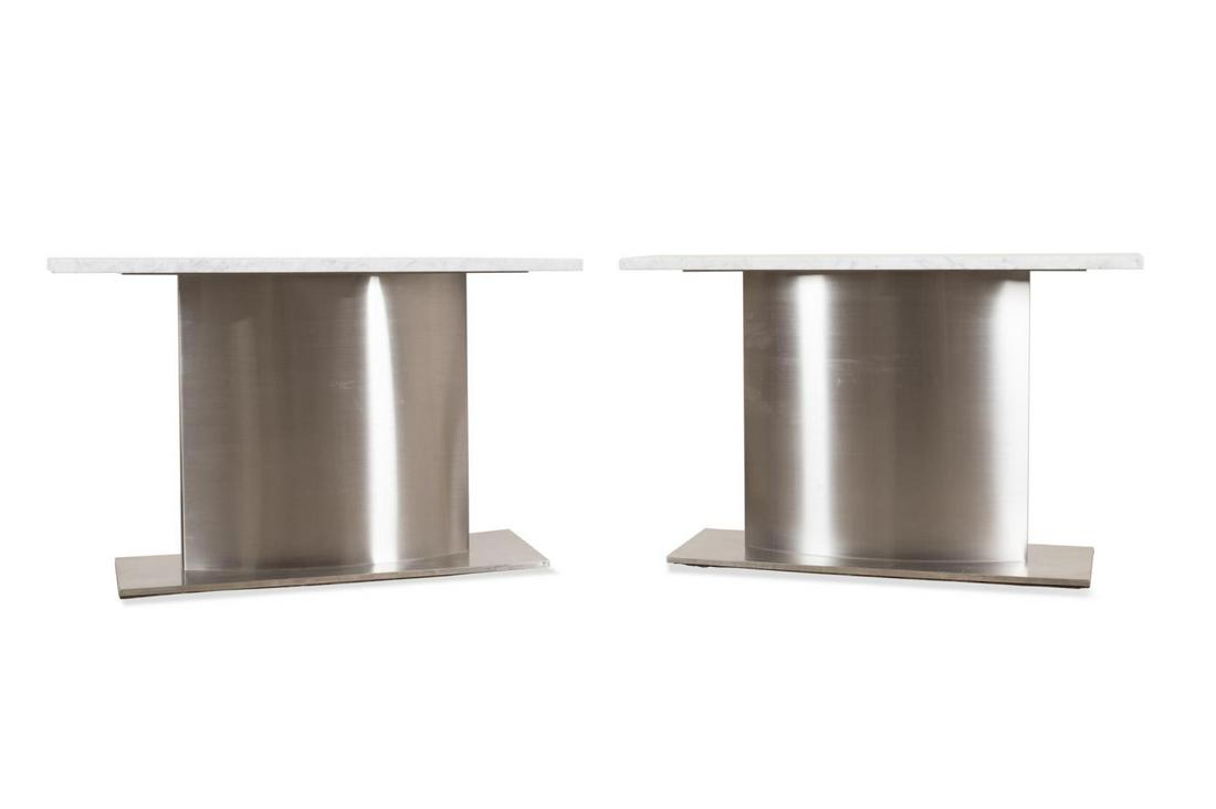 PAIR BRUETON STYLE MARBLE & STEEL CONSOLE TABLES: Pair of Brueton style sculptural gray and white marble top and brushed steel console tables, apparently unmarked. Approximate dimensions: h. 29.75", w. 48", d. 15.25".