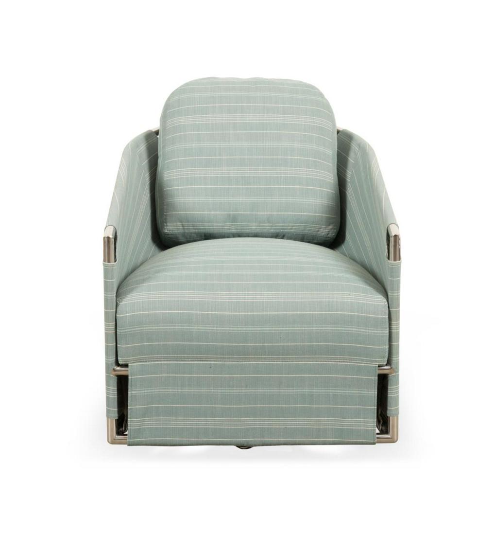 SUTHERLAND "MARINER 316 SWIVEL TUB'"CHAIR: John Hutton for Sutherland Furniture (American), "Mariner 316 Swivel Tub" outdoor chair upholstered in a sea foam "Rough n' Rowdy" fabric with light green and white stripes over a metal frame. Approxi