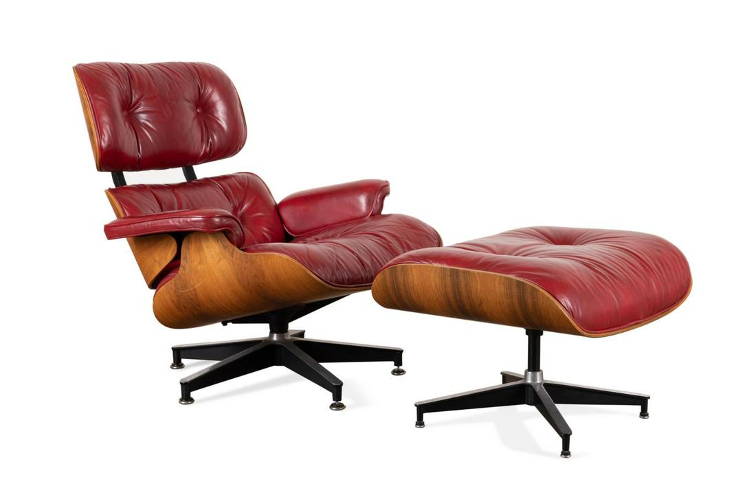 TWO PIECES RED EAMES FOR HERMAN MILLER 670 & 671: Eames for Herman Miller 670 and 671 lounge chair and ottoman, both having rosewood veneer shells, and red leather upholstery, appropriately marked to the underside. Provenance: From the Private Collec