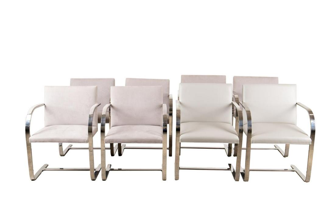 SET OF 8 BRUETON "BRNO" GRAY CHAIRS: Set of eight Ludwig mies Van Der Rohe for Brueton "BRNO" chairs, in grey leather and ultrasuede upholstery, the group has three slightly different arm configurations, feet shapes, and a few have plast