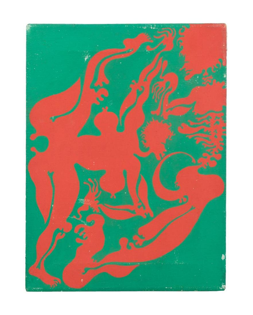JAN DOBKOWSKI "NAPASTLIWA" 1971 OIL ON CANVAS: Jan Dobkowski (Polish b. 1942),"Napastliwa" (Harassing), 1971/1972, oil on linen canvas, depicting abstract and humanoid shapes in red on a grass green ground, signed, titled, and dated en verso, unfr